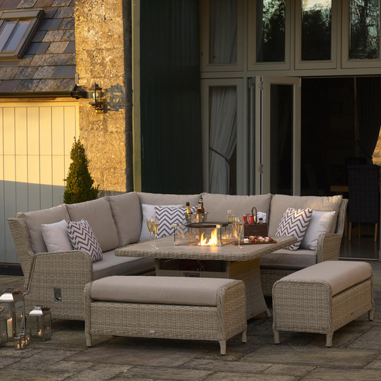 2021 Bramblecrest Chedworth Reclining Garden Sofa Set with Square Fire Pit Dining Table - Sandstone