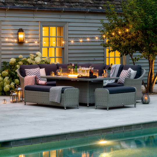 2021 Bramblecrest Monterey Garden Sofa Set with Rectangle Fire Pit Dining Table & 2 Benches - Dove Grey