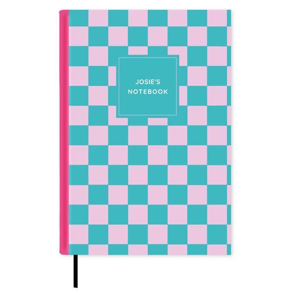 Turquoise & Pink Check Notebook A5 - Personalised