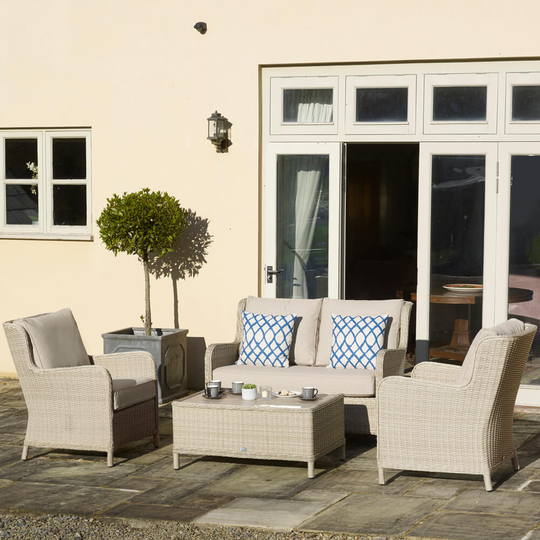 2021 Bramblecrest Chedworth 2 Seater Outdoor Sofa Set With High-Back Armchairs & Ceramic Coffee Table – Sandstone