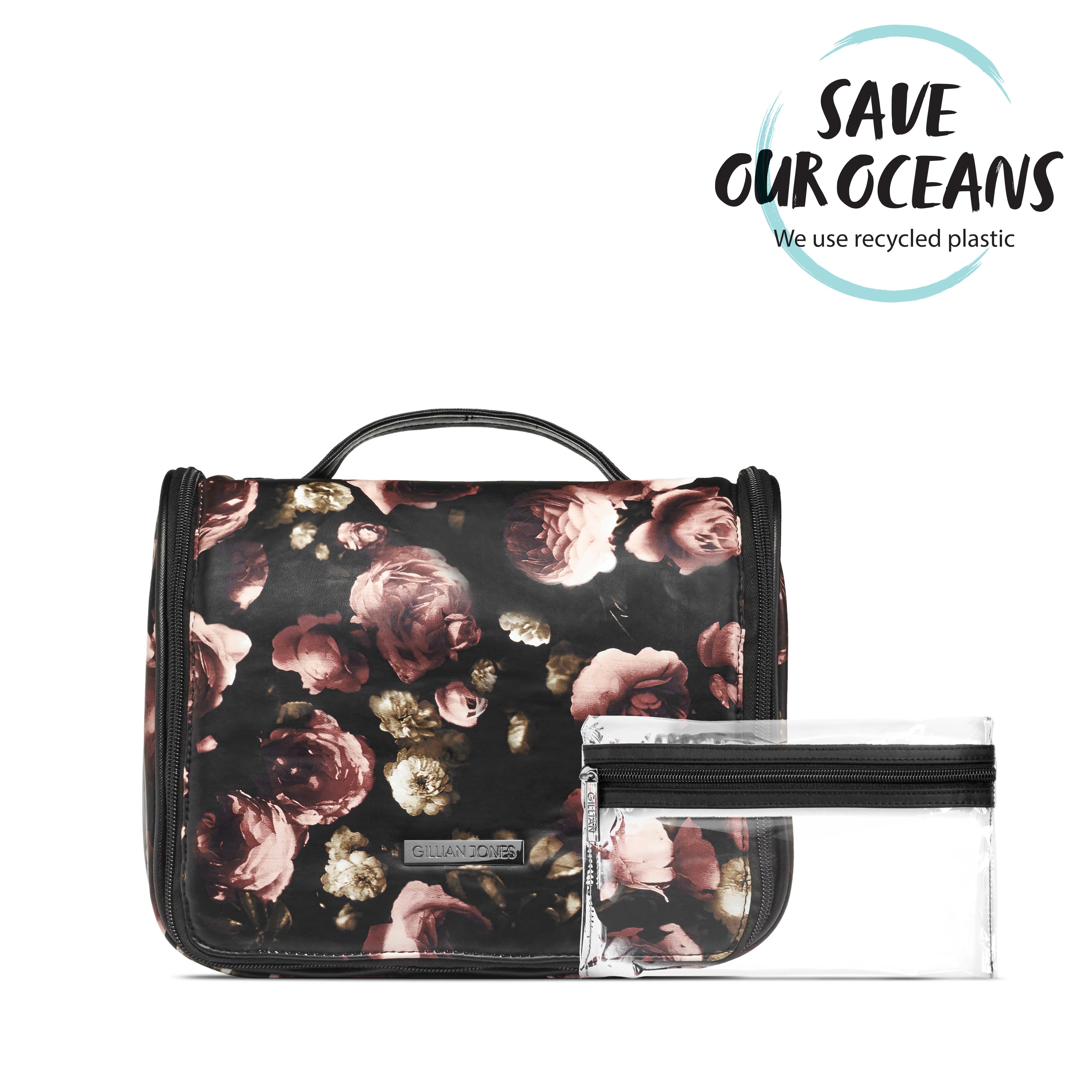 Gillian Jones - Hang-Up Toiletry Bag - Black w. Rose Print