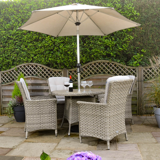2021 Hartman Heritage Tuscan 4 Seat Ceramic Glass Round Garden Dining Set With Parasol - Beech/Dove