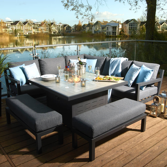 2021 Bramblecrest La Rochelle Garden Sofa Set With 2 Benches & Square Fire Pit Dining Table - Anthracite/Dark Grey