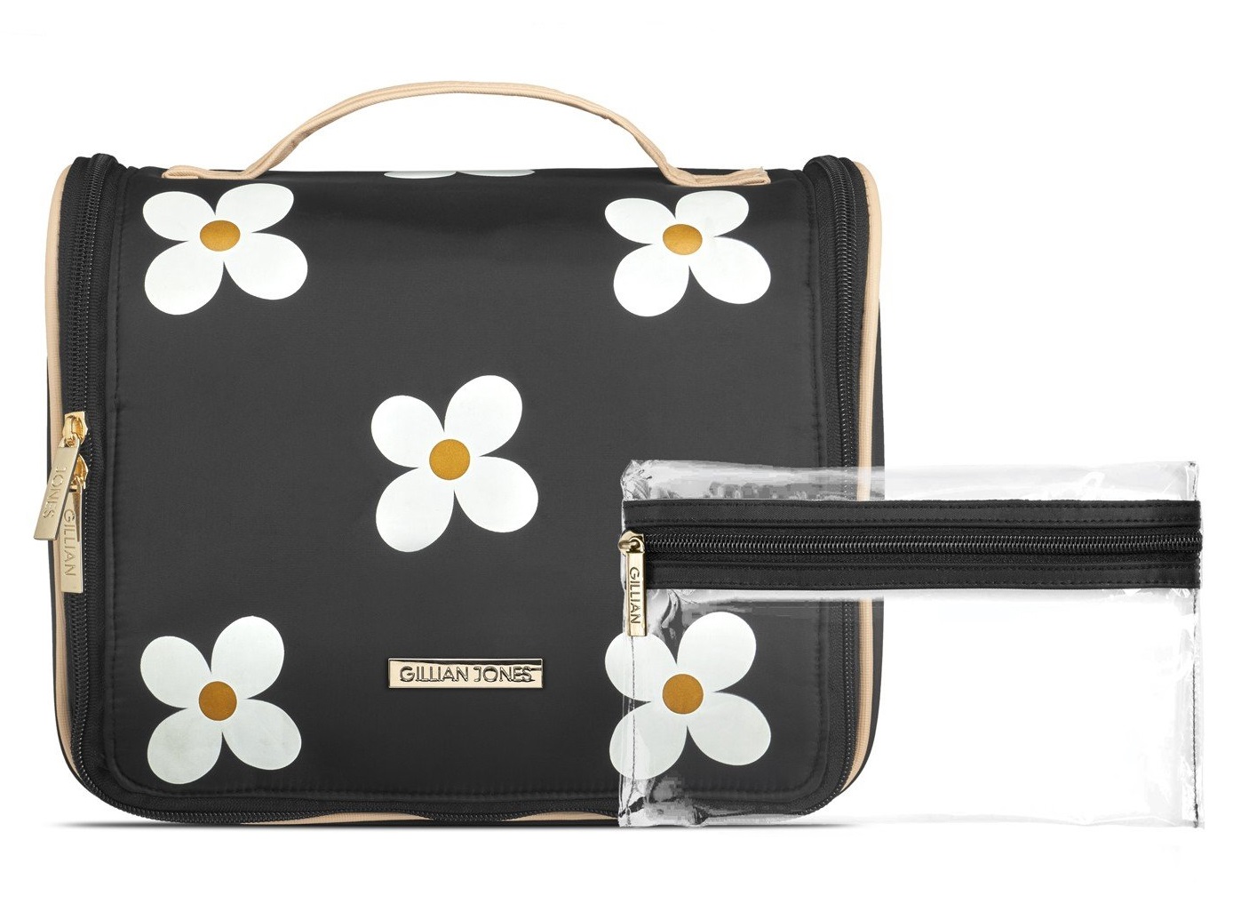 Gillian Jones - Organizer Cosmetic Bag w. Hang-up Function - Black w. Daisy Print