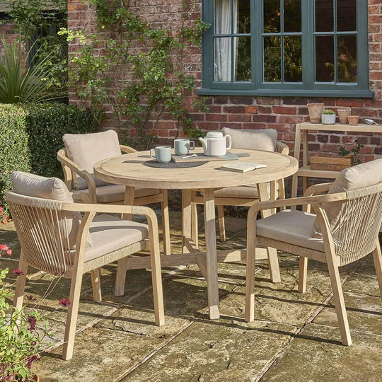 Kettler Cora Round 4 Seat Dining Table Set with Cora Rope Arm Chairs - Acacia