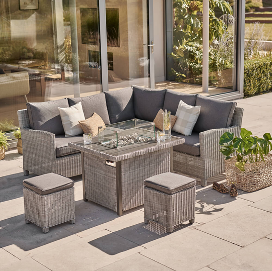 2021 Kettler Palma Casual 6 Seater Mini Corner Garden Dining Set With Fire Pit Table - Whitewash