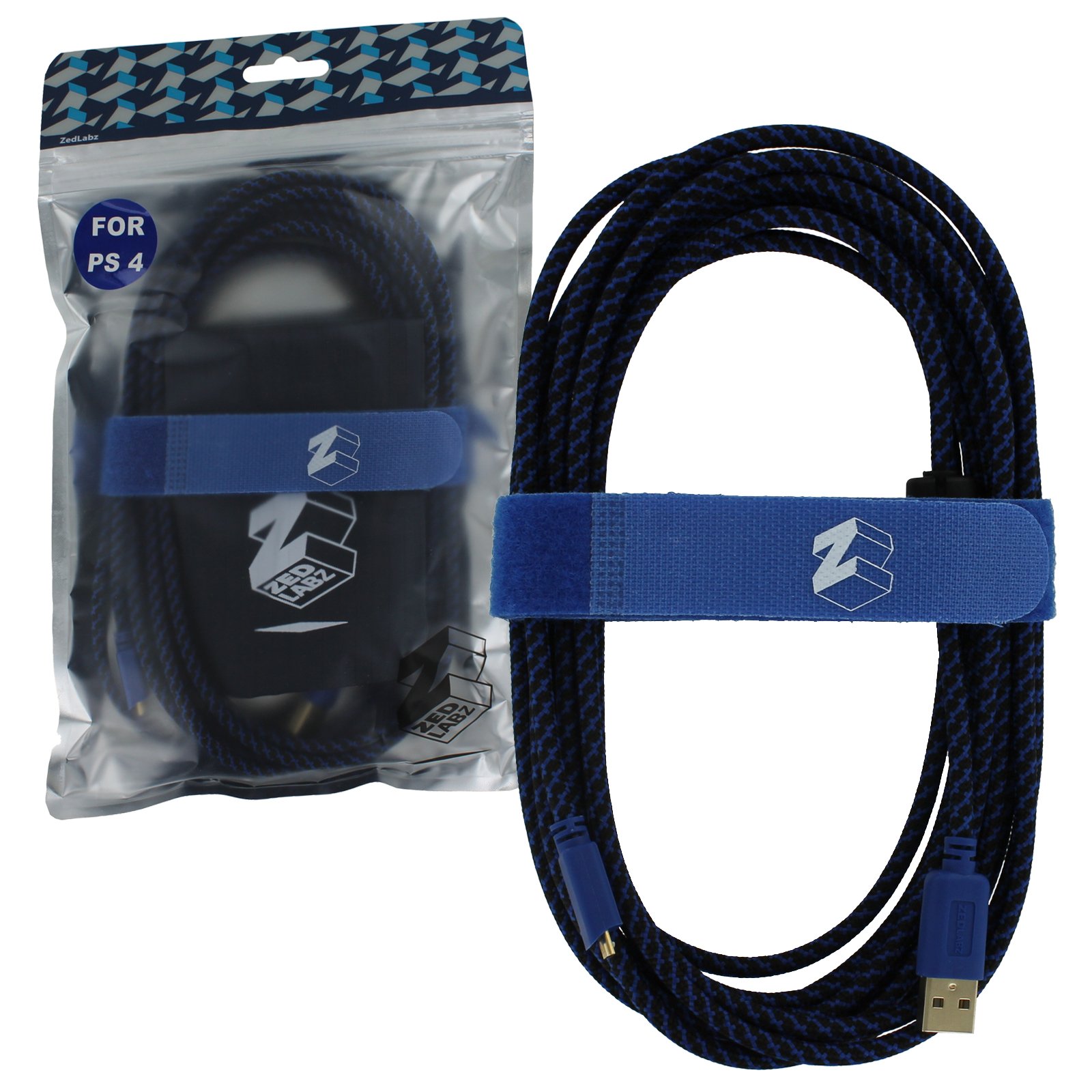 ZedLabz Ultra 5m gold plated braided charging cable for Sony PS4 controller inc velcro tidy & bag