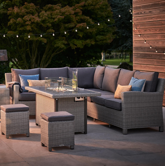 2021 Kettler Palma Casual Garden Dining Corner Set With Fire Pit Table – Whitewash