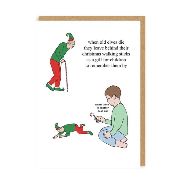 Old Elves Leave Walking Stick Christmas Card