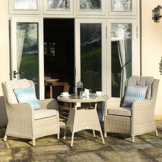 2021 Bramblecrest Chedworth Garden Bistro Set With 2 High-Back Armchairs – Sandstone