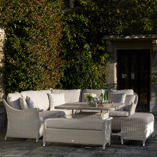 2021 Bramblecrest Monterey Outdoor Sofa Set With Square Adjustable Ceramic Dining Table - Sandstone