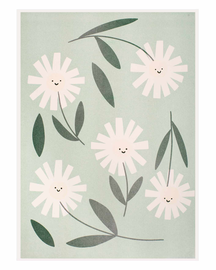 Green Daisies Riso Print A3