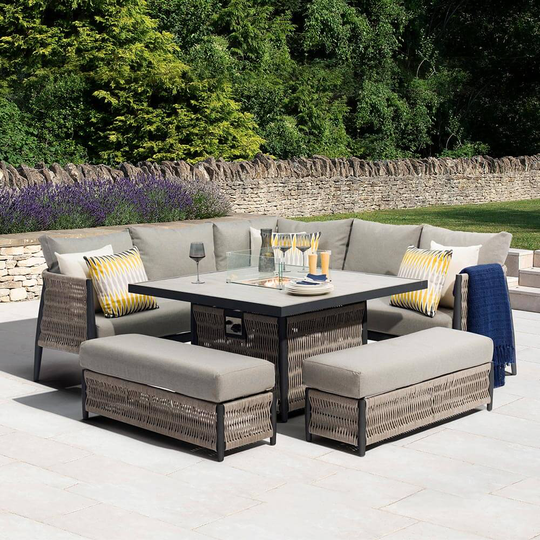 Bramblecrest Mauritius Garden Sofa Set with Square Fire Pit Dining Table & 2 Benches