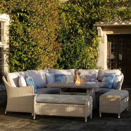 2021 Bramblecrest Monterey Garden Sofa Set With 2 Benches & Square Fire Pit Dining Table - Sandstone
