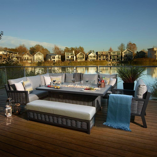 Bramblecrest Portofino Rectangle Corner Sofa Set With Ceramic Fire Pit Table, Bench & Arm Chair