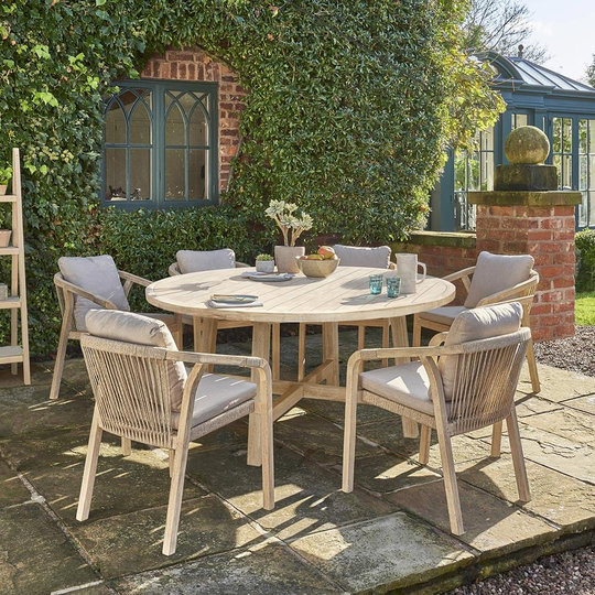 Kettler Cora Round 6 Seat Dining Table Set with Cora Rope Arm Chairs - Acacia