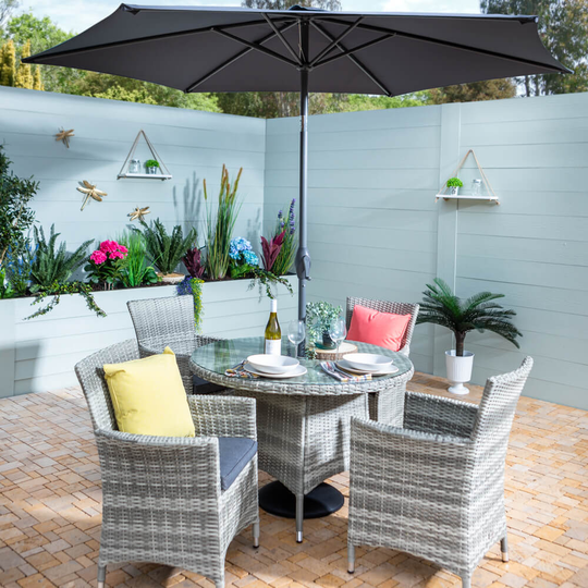 2021 Hartman Westbury 4-Seat Garden Dining Set with Round Table & 2.5m Parasol - Ash/Slate