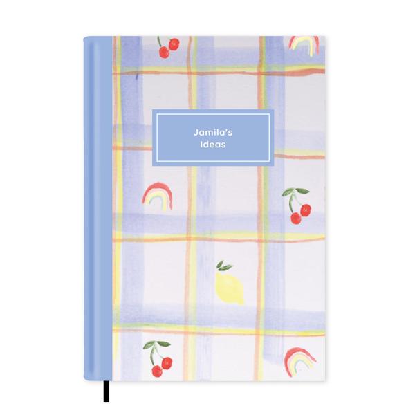Blue Checked Rainbow & Cherries Personalised Notebook A5