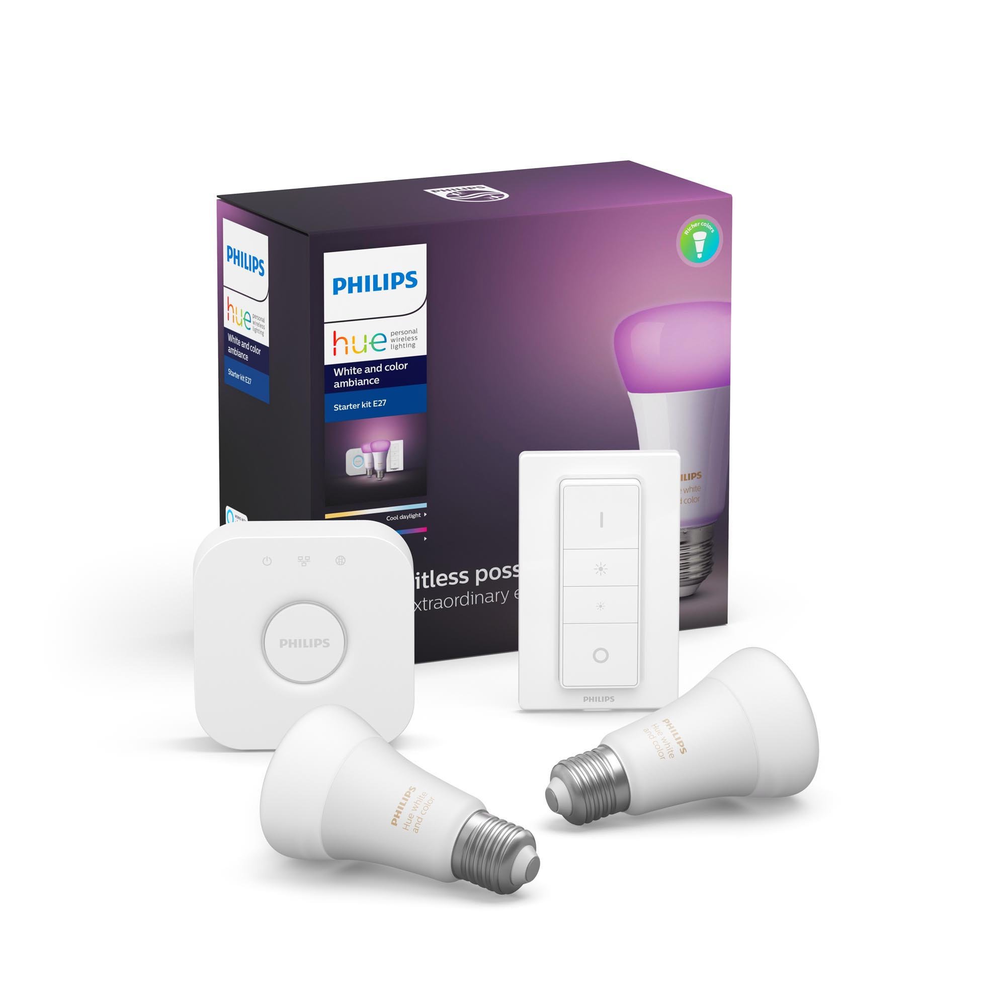 Philips Hue - 2xE27 + Bridge & Dimmer - Starter Kit - White and Color Ambiance - E